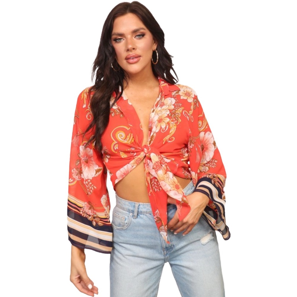 Floral Tie-Front Blouse - Red - Picture 4 of 14